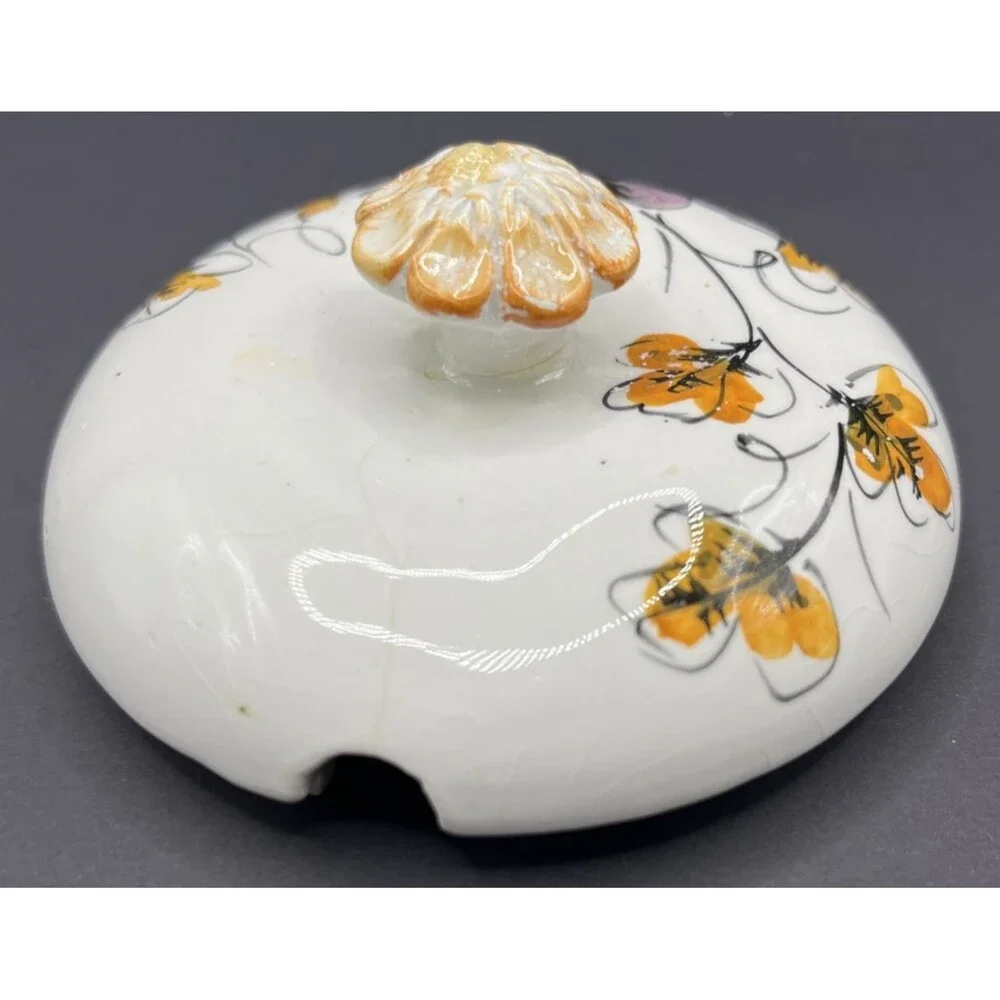 Vtg Italian Apple Shaped Covered Bowl & Saucer Hand Painted Mid-Century